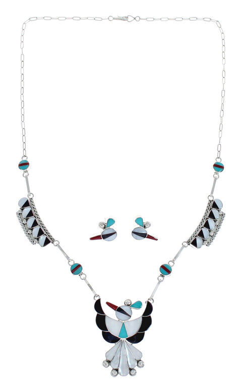 Zuni Thunderbird Multicolor Inlay Sterling Silver Link Necklace Set JX127060